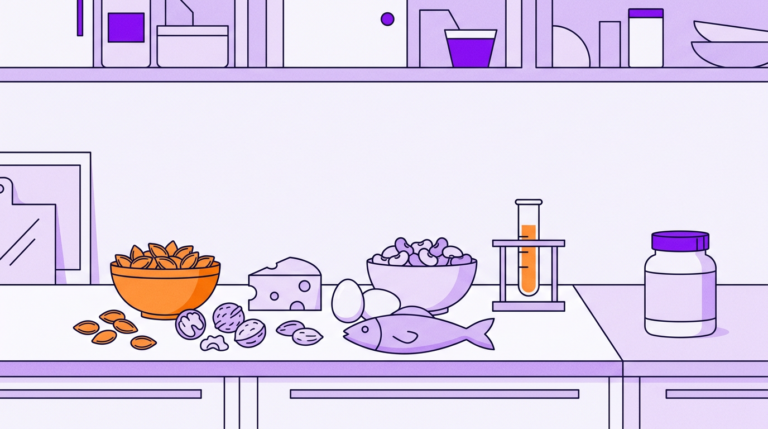 Продукты — источники цинка и лабораторная пробирка рядом
