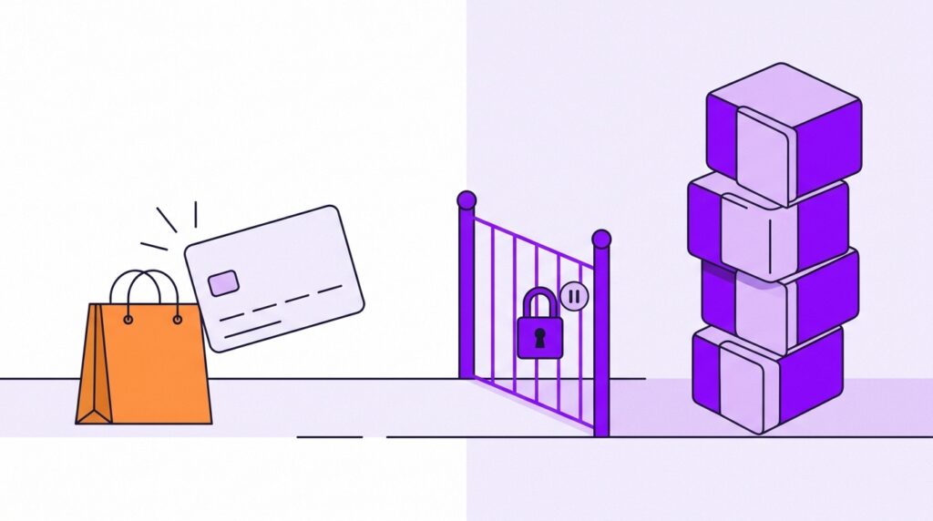 Кредиты и рассрочки при СДВГ: где ломается и как защититься 1 Импульсивная покупка слева и растущая колонна платежей справа, между ними — замок