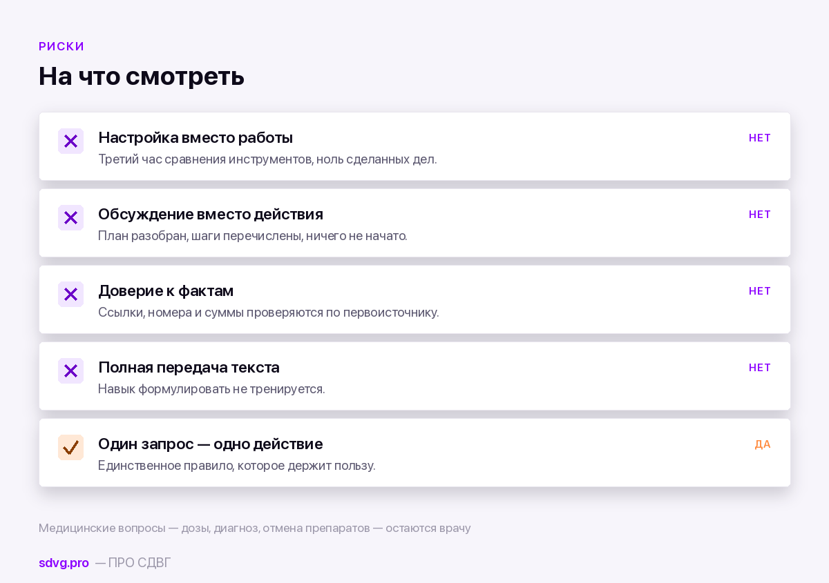 ИИ-ассистенты при СДВГ: что реально помогает 4 Риски использования ИИ при СДВГ