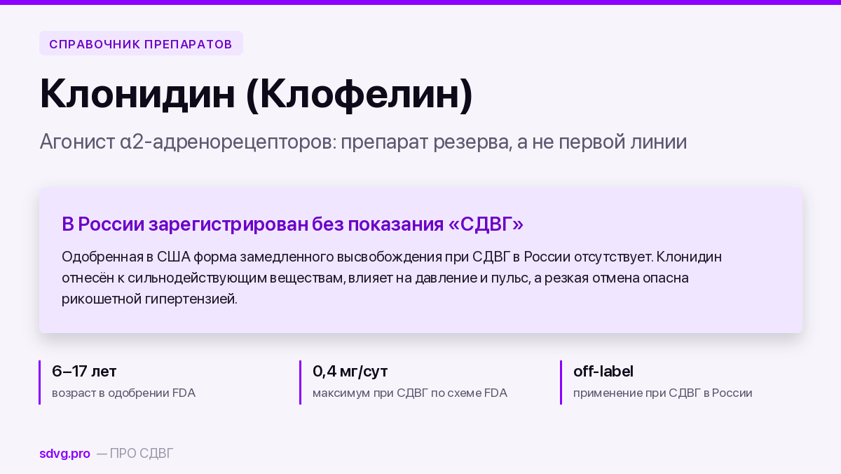 Клонидин при СДВГ: карточка препарата