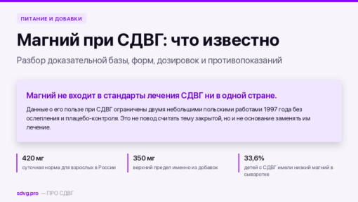 Обложка: суточная норма магния 420 мг, верхний предел из добавок 350 мг, дефицит в сыворотке у 33,6% детей с СДВГ