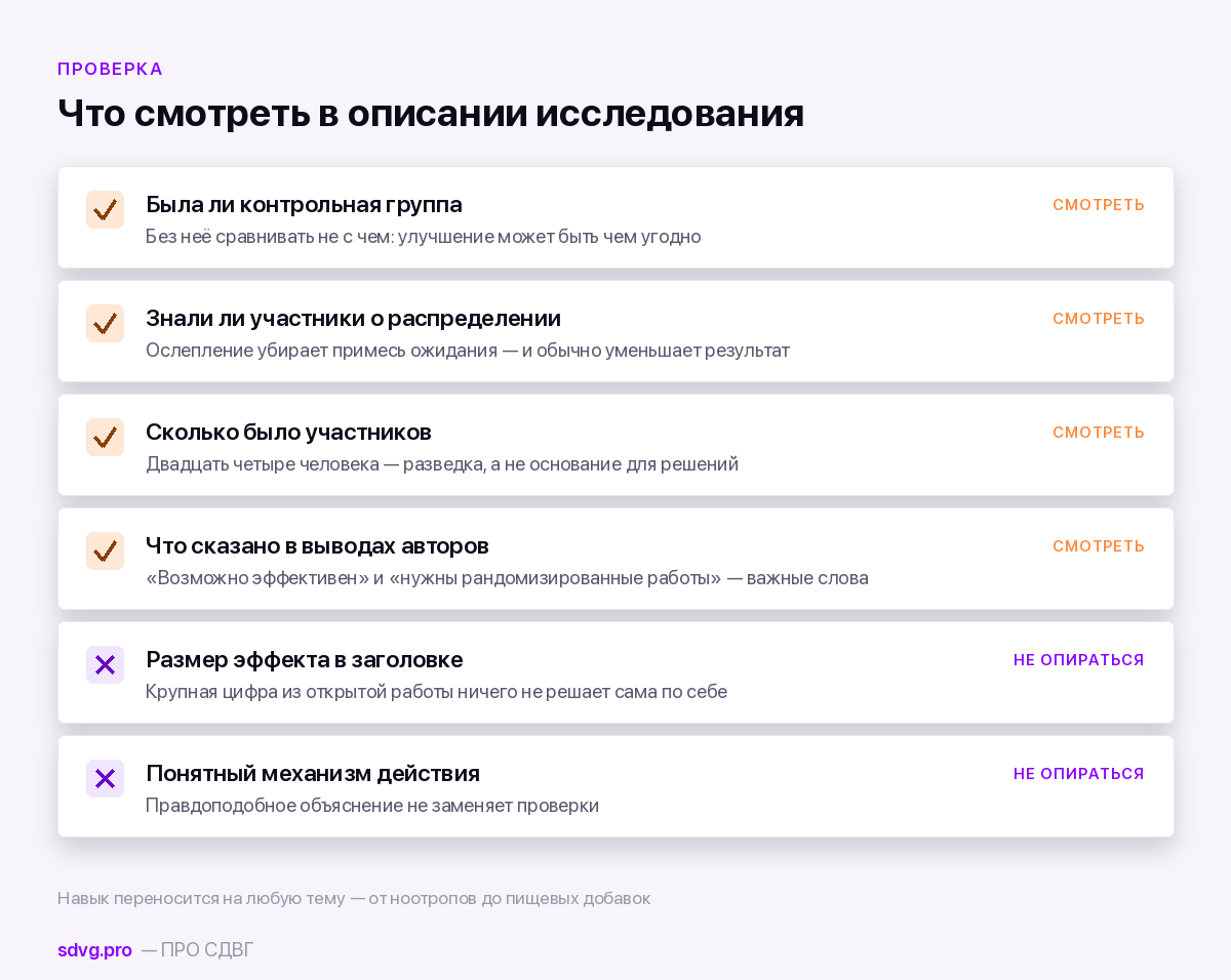 Список признаков, на которые стоит смотреть в описании исследования