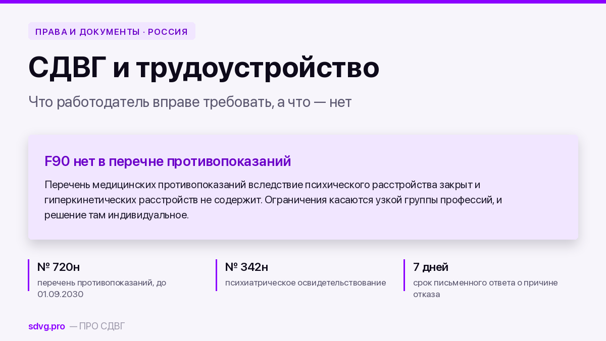 СДВГ и трудоустройство: кода F90 нет в перечне противопоказаний