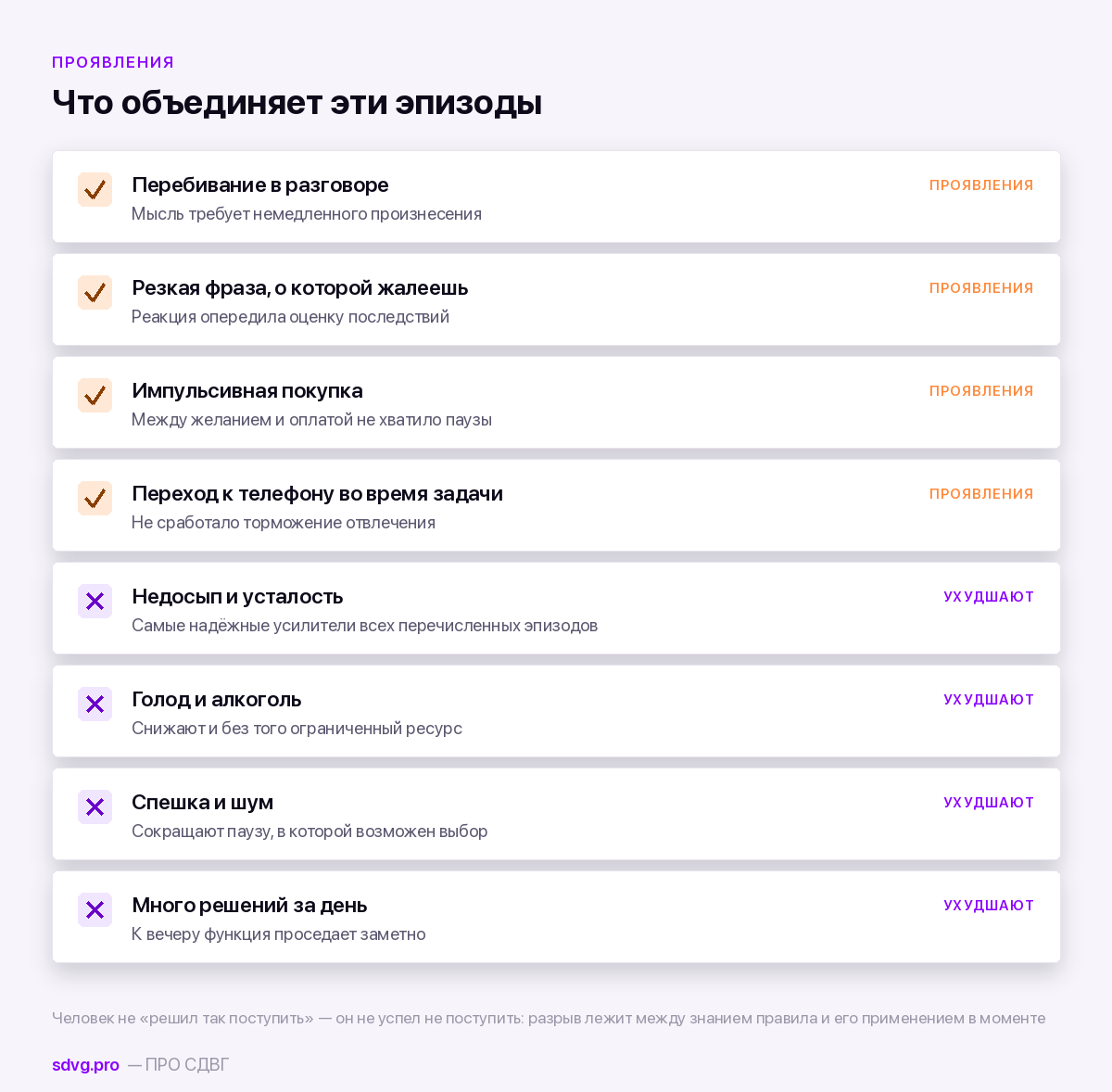 Проявления дефицита торможения