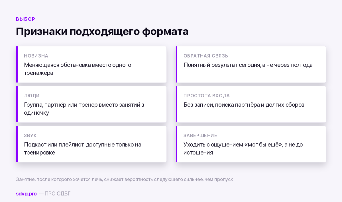 Спорт при СДВГ: как удержать привычку дольше трёх недель 5 Какие форматы активности удерживаются при СДВГ