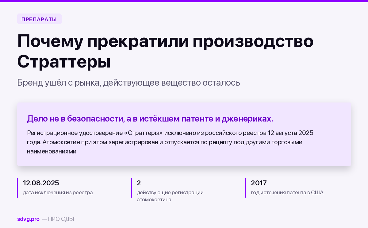 Почему прекратили производство Страттеры 2 Обложка: Страттера исключена из реестра, атомоксетин остался под другими названиями
