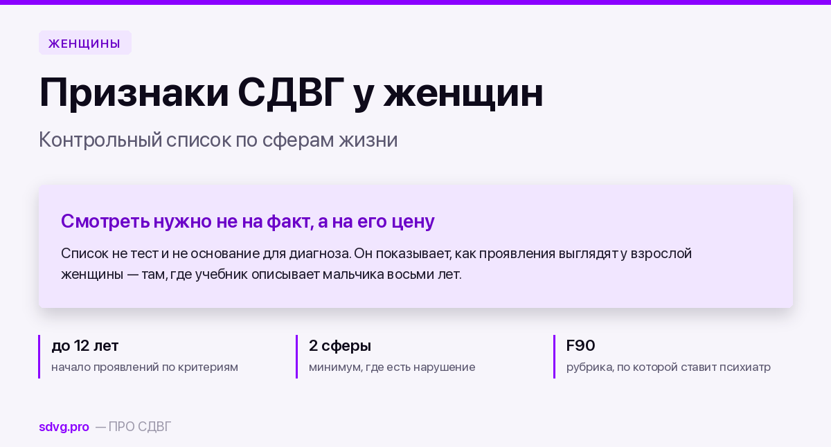 Обложка: список признаков СДВГ у женщин по сферам жизни и три условия, без которых совпадения ничего не значат
