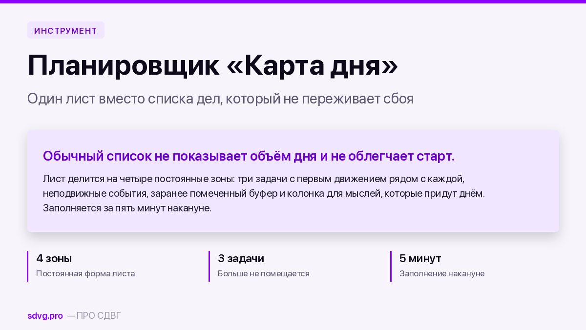 Планировщик «Карта дня» под СДВГ: шаблон на один лист