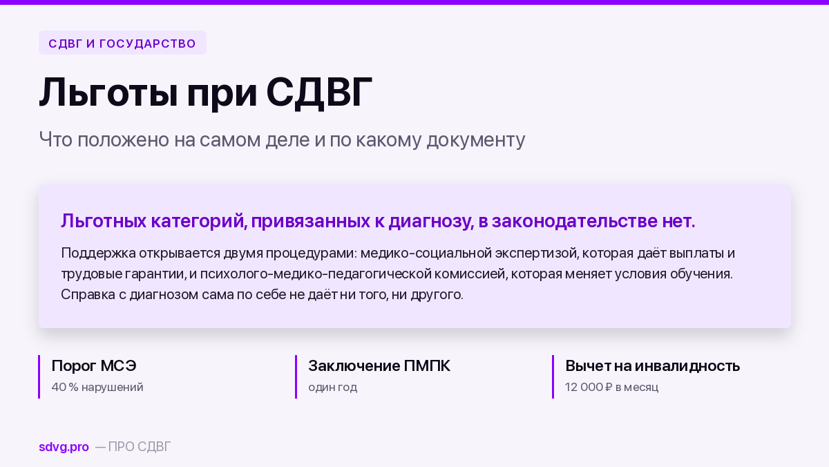 Льготы при СДВГ: что реально положено 2 Обложка: льготы при СДВГ привязаны к статусу, а не к диагнозу