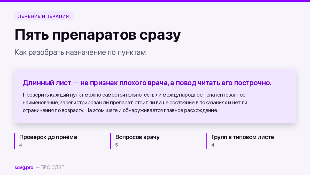 Обложка: как разобрать по пунктам назначение из пяти препаратов