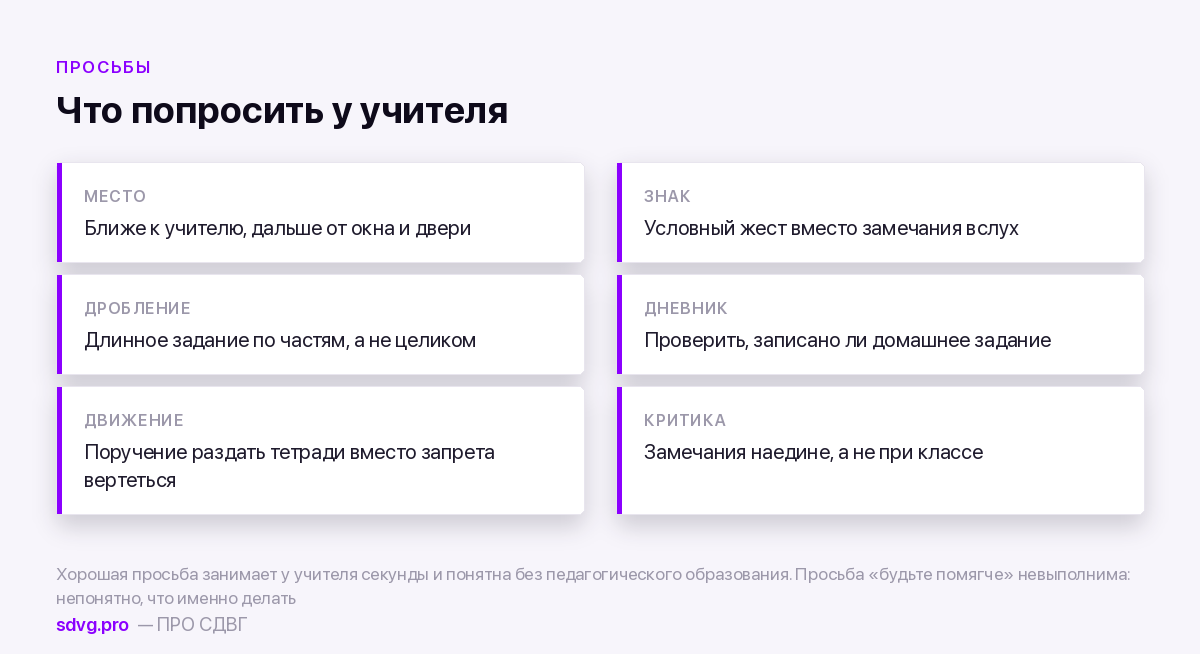 Ребёнок с СДВГ и учитель: как договориться 5 О чём просить учителя