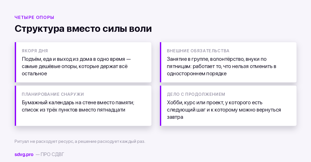 Выход на пенсию при СДВГ: что происходит, когда исчезает внешняя структура 3 Четыре опоры, которые строят в первые месяцы после выхода на пенсию