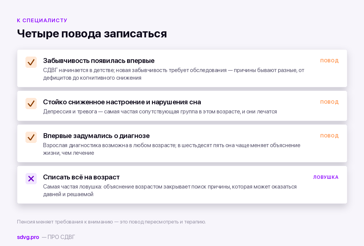 Выход на пенсию при СДВГ: что происходит, когда исчезает внешняя структура 4 Когда за трудностями на пенсии стоит идти к врачу