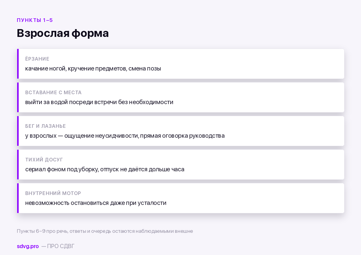 Девять критериев гиперактивности и импульсивности DSM-5: что они реально значат у взрослого 3 Как пять пунктов гиперактивности выглядят у взрослого