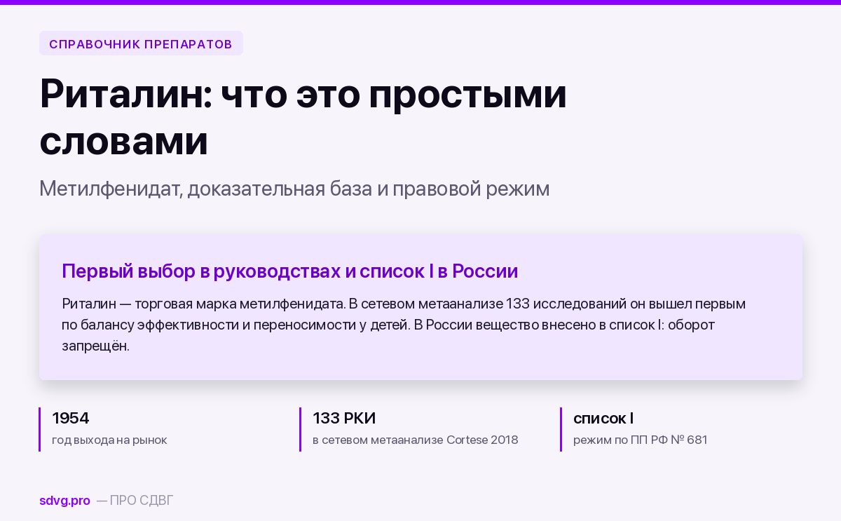 Обложка: Риталин на рынке с 1954 года, 133 рандомизированных исследования в метаанализе и режим списка I в России