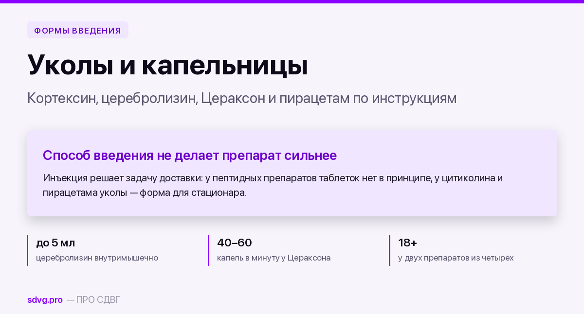 Ноотропы в уколах и капельницах: формы введения, разведение, что говорит инструкция 2 Инъекционные ноотропы: объёмы, скорость введения, растворители