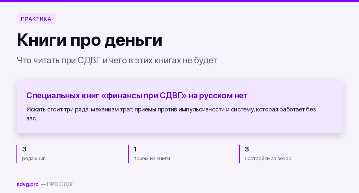 Обложка материала о книгах про деньги при СДВГ