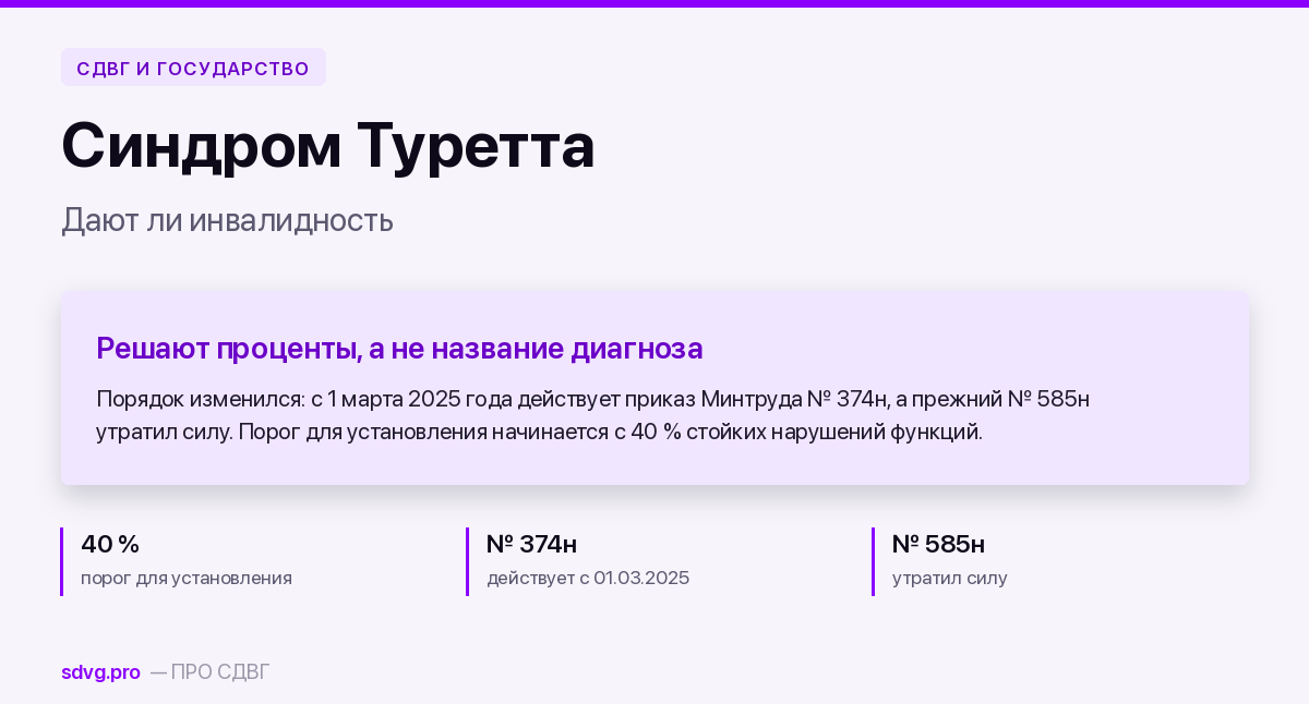 Синдром Туретта: дают ли инвалидность 2 Обложка: порог 40 %, приказ № 374н с 1 марта 2025 года и утративший силу приказ № 585н