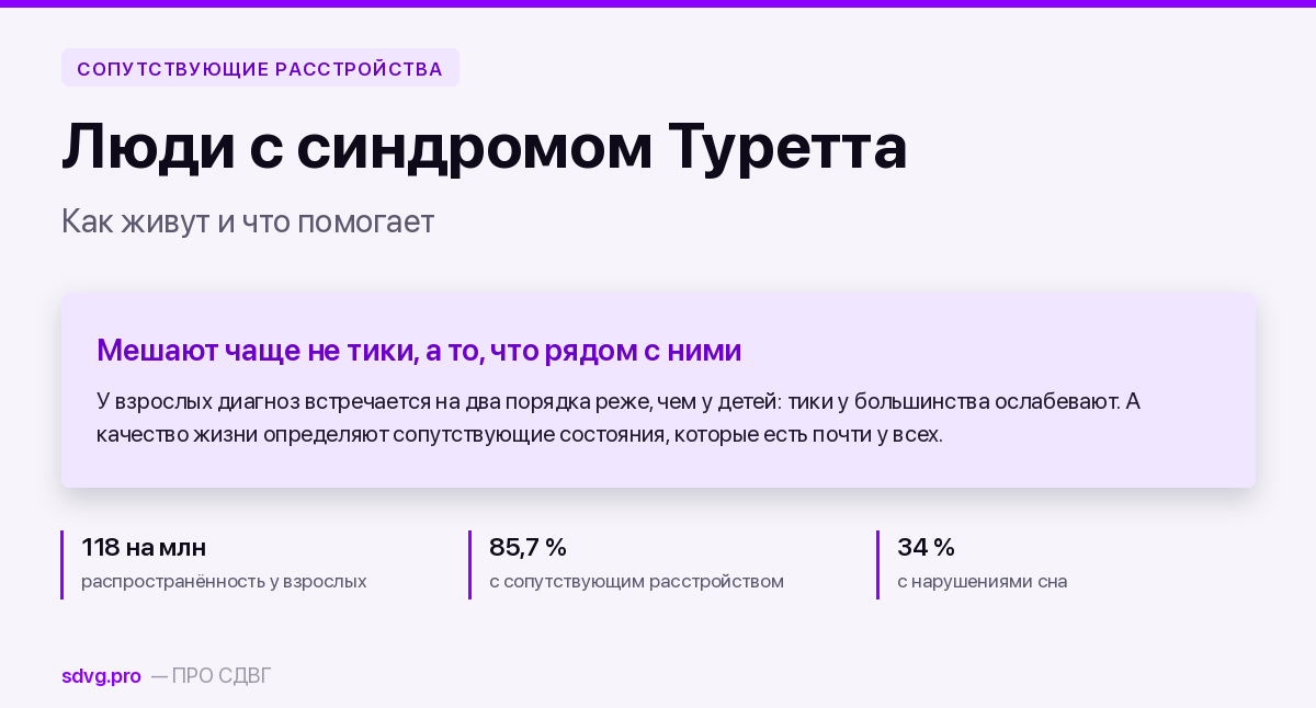 Люди с синдромом Туретта: как живут и что им помогает 2 Обложка: 118 случаев на миллион взрослых, 85,7 % с сопутствующим расстройством и 34 % с нарушениями сна