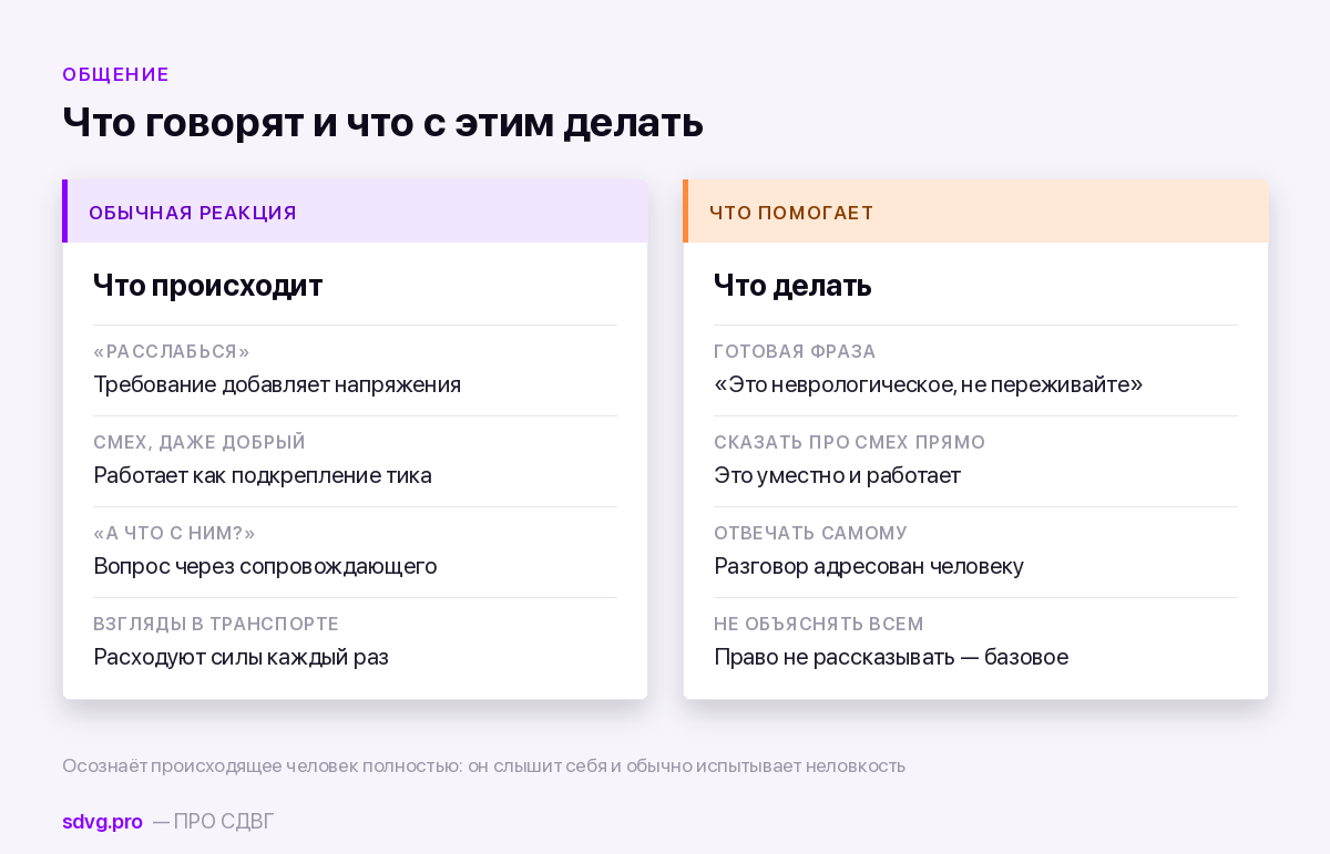 Люди с синдромом Туретта: как живут и что им помогает 4 Две колонки: обычные реакции окружающих и что на них отвечать