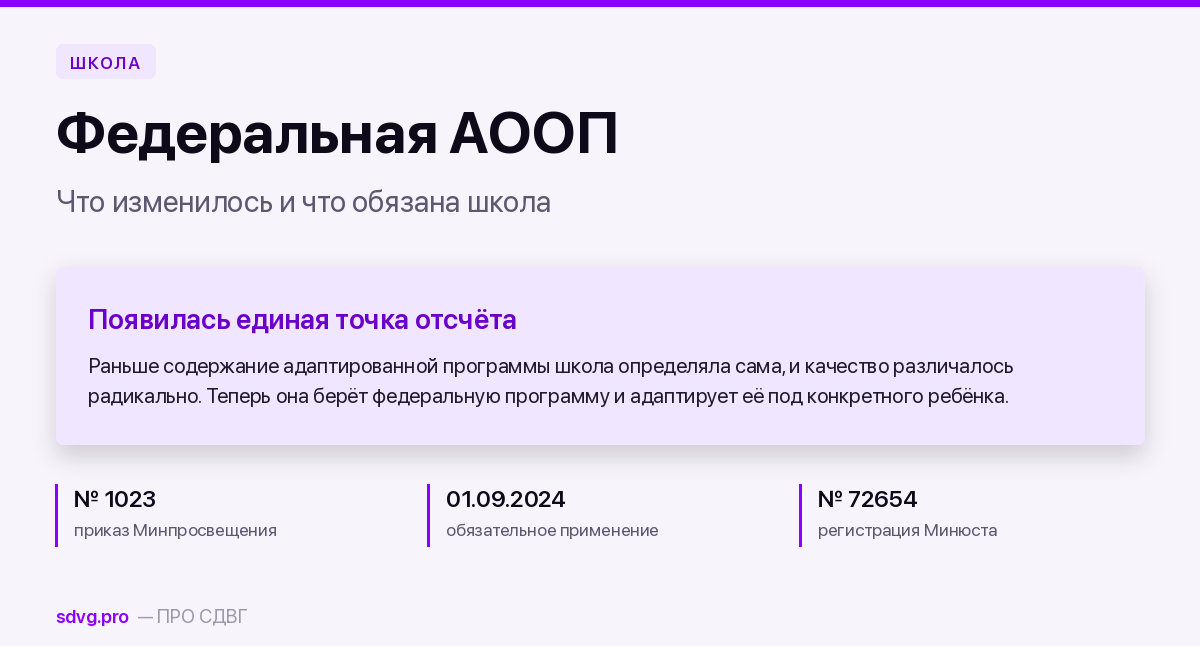 Федеральная АООП: что изменилось и что теперь обязана школа 2 Обложка: приказ № 1023, обязательное применение с 1 сентября 2024 года и единое содержание программ