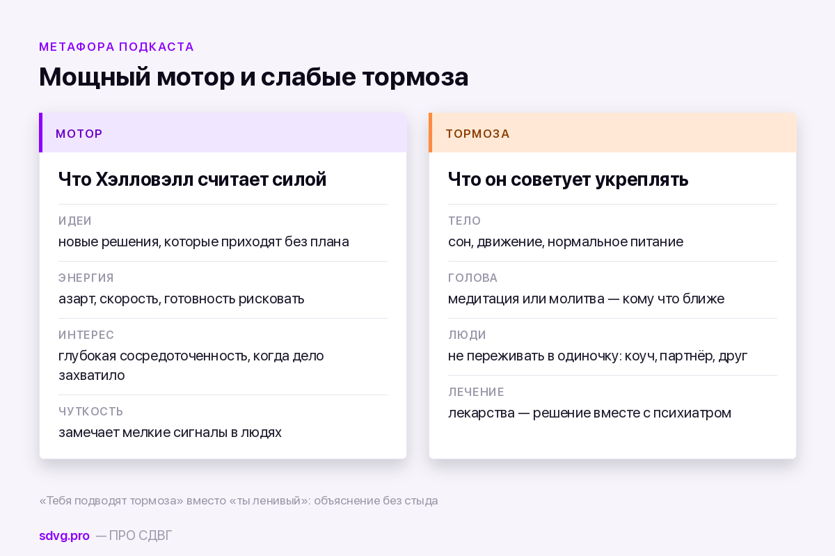 Подкаст с Эдвардом Хэлловэллом «Как управлять своим СДВГ»: пересказ и поправки 4 Сравнение: что Хэлловэлл относит к мотору СДВГ и как советует укреплять тормоза
